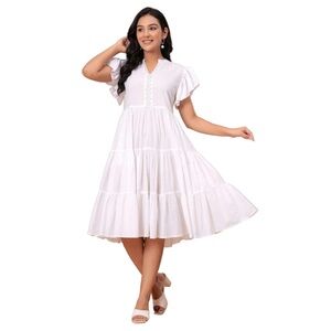 Women’s White Tiered Midi Dress | Flutter Sleeve Boho Summer Dress SZ XXL